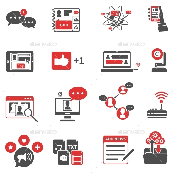 Social Network Red Black Icons Set