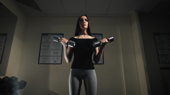 Young Sports Woman Doing Exercises With Dumbbells In The Gym. 