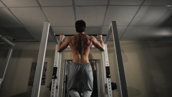 Back View Portrait Of a Muscular Man Tightening In The Gym's Studio alt