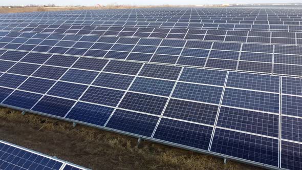 Aerial Drone View Solar Panels on Sunny Day Closeup