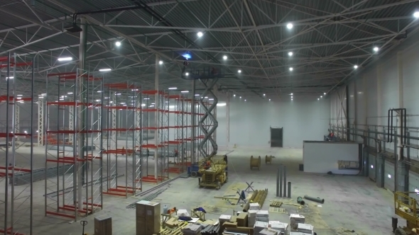 Aerial View Inside a Large New Modern Industrial Warehouse