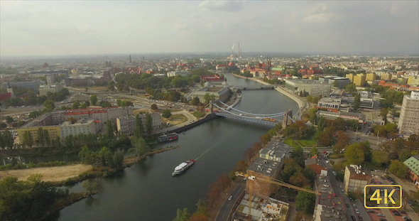 Flying Above River In European City