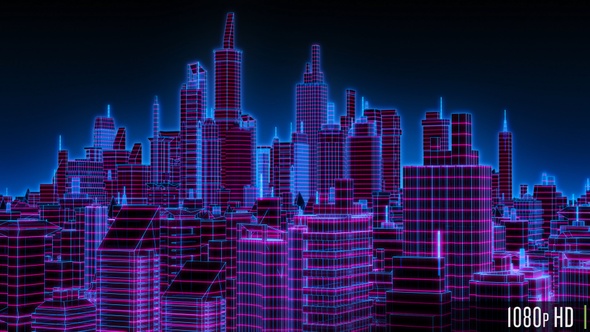 Futuristic Downtown Cyberpunk City in Neon Blue and Purple