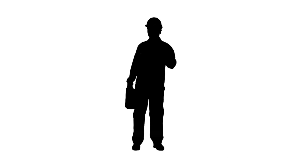 Silhouette Construction Engineer With Tablet And Drawing In Hands, Man Walks At Camera Track Matte.