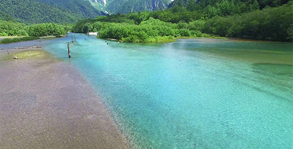 Aerial: Clearwater Lake In Japanese National Park, Kamikochi 