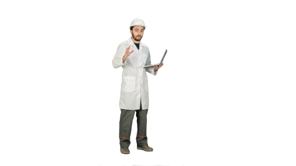 Technical Working In Helmet Talking On Camera Hand Gestures  On White Background.