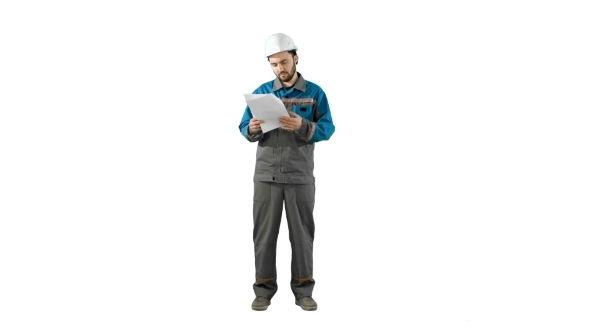 Engineer Man Verify And Read Files Documents On White Background.