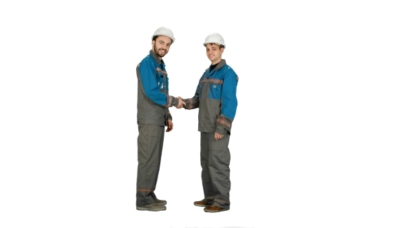 Two Builder, Architects Handshaking On White Background.