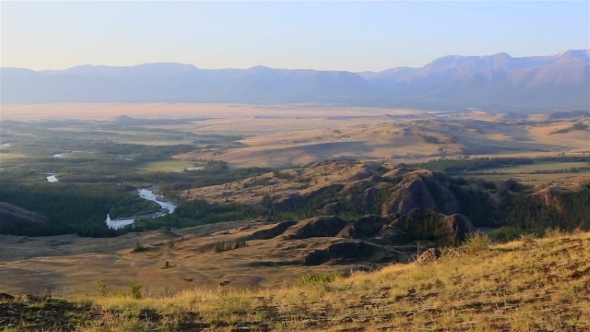 Panorama Of Kuray Steppe And North Chuya Ridge At Dawn.