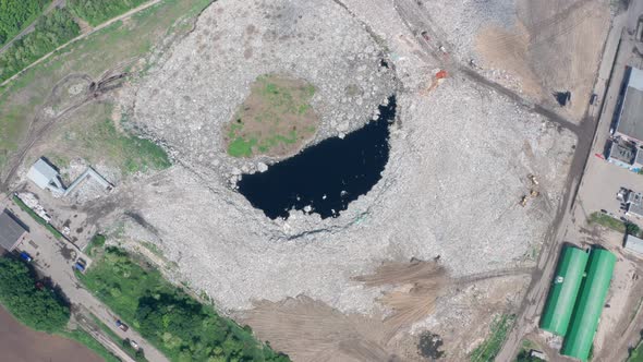 Drone View of Toxic Lake in the Middle of Landfill