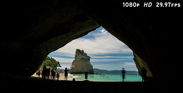 Tourists at Cathedral Cove Beach