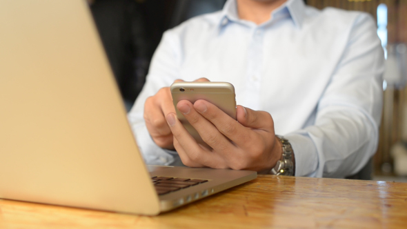 Working Online on Smartphone, Busy Businessman alt