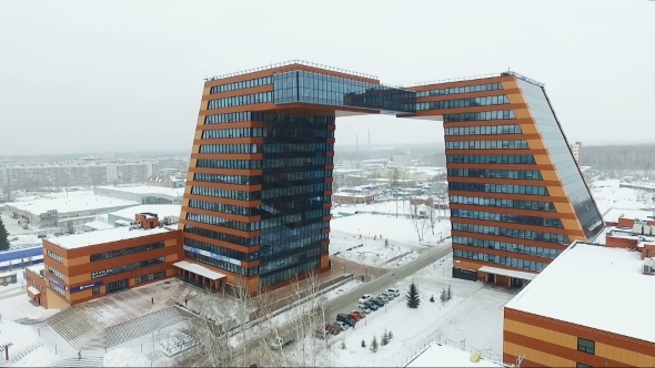 Flying Over The Glass Building. Interesting Architecture