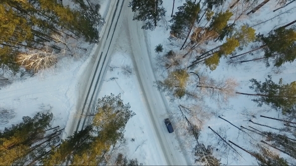 Flight Of The Car In The Woods. Car On Forest Road. Winter