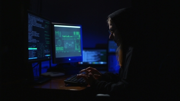 A Girl Hacker At The Computer 