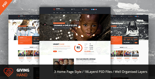 GIVINGHAND - Charity & Fundraising  PSD Template