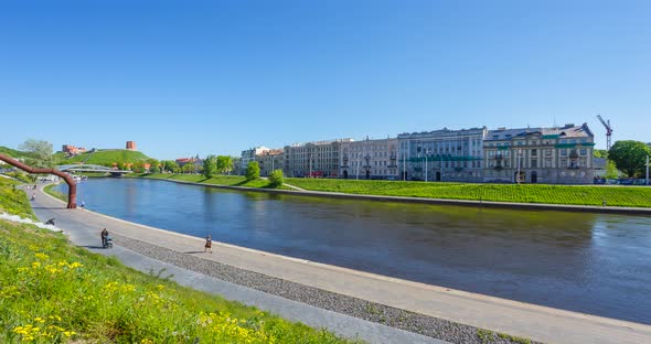 City center in Vilnius, Lithuania at spring, Neris river, 4K panning timelapse