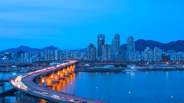 Time Lapse Traffic bridge at night of Seoul City South Korea