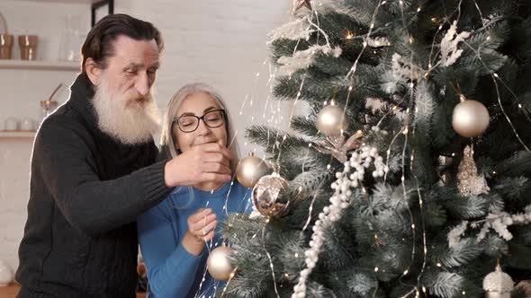 Senior Couple Decorate Christmas Tree Together at Home