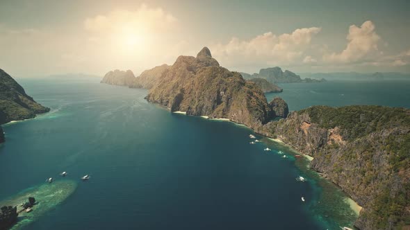 Hill Islands with Tropic Forest at Sun Weather Aerial View. Vessels, Boats, Ships at Sand Sea Coast