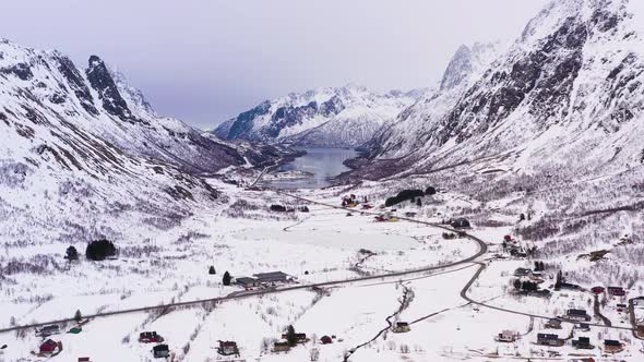 Mountains in Winter. Lofoten Islands, Landscape of Norway. Aerial View