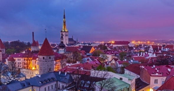 Day To Nigh Transition Of Aerial View Of Tallinn Medieval Old Town, Estonia 