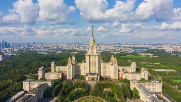 Moscow University and City Skyline at Sunny Summer Day. Aerial View