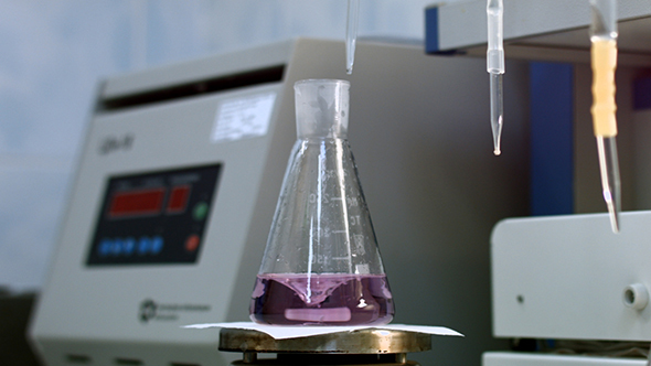 Researcher Start Mix Magenta Liquid in Flask