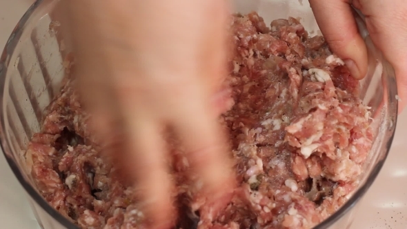 Minced Meat Mixed With Pepper Hands