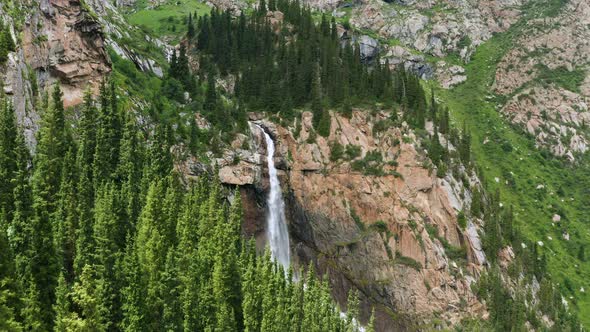 Aerial View of Waterfall in Barskoon Gorge Kyrgyzstan