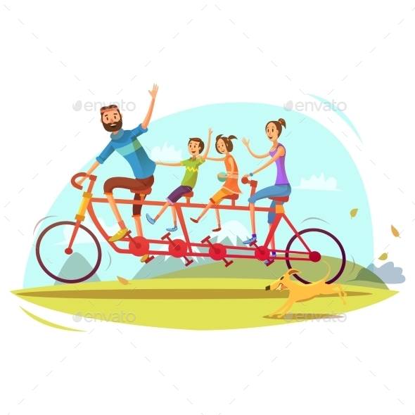 Family and Bicycle Cartoon Illustration