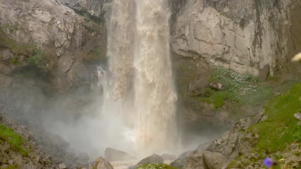 Dirty Waterfall Sultan High in the Mountains Near Elbrus in Summer