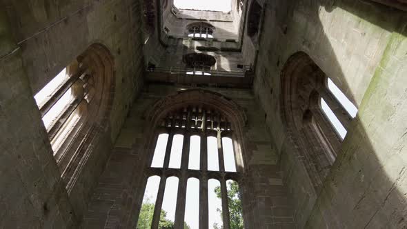 Church tower steeple ruins at Fountains Abby in North Yorkshire UK