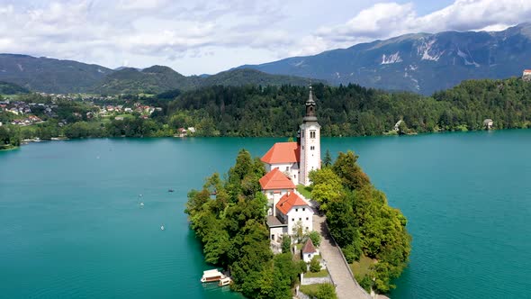 Lake Bled Island with church cinematic front view