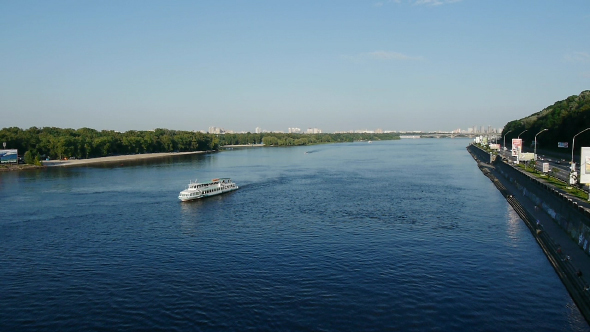 Motor Ship Floating on the River Perspective