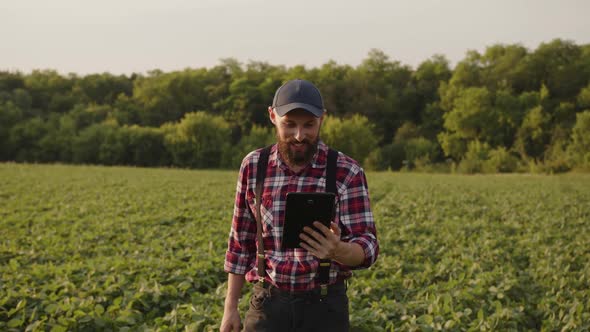 Bearded Man Shows His Friends His Green Field on the Internet