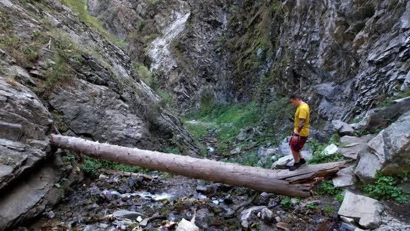 The Guy is Walking on a Large Tree Above the River