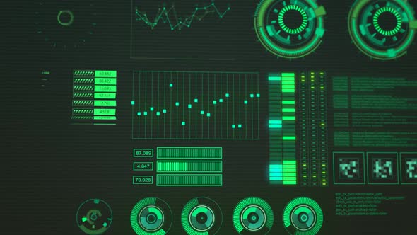 Advanced futuristic graphic interface. Displays abstract diagrams and charts.