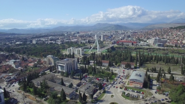 Aerial View Of Millennium Bridge Over Moraca River, Podgorica
