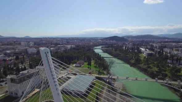 Aerial View Of Millennium Bridge Over Moraca River, Podgorica