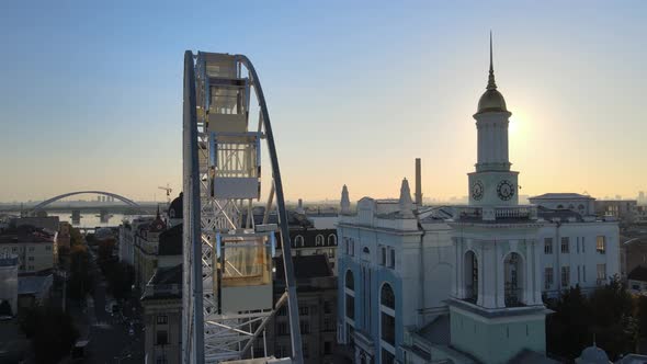 Ferris Wheel in the Morning at Sunrise in Kyiv, Ukraine, Aerial View