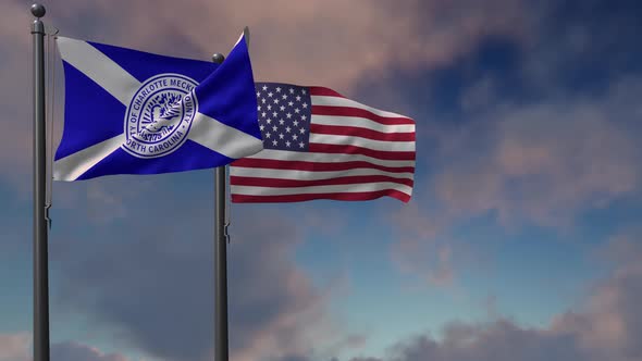 Charlotte City Flag Waving Along With The National Flag Of The USA - 4K