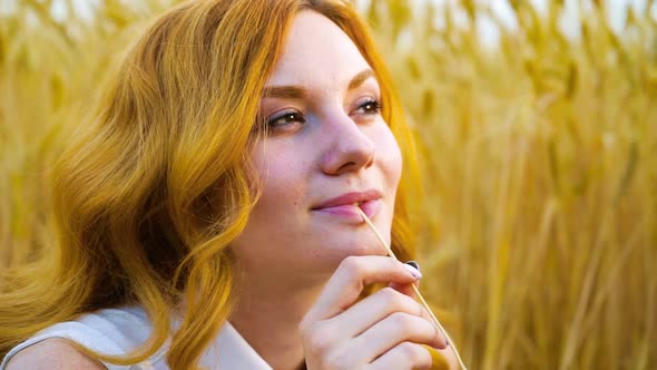 Romantic girl daydreaming in golden wheat field in summer