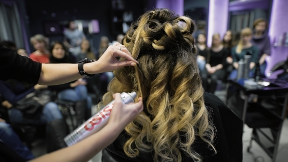 Master Class In The Art Of Hairdressing, Model, And a Lot Of Students Of Hairdressers In The