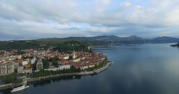 Aerial View On The Older Parts Of The City Of Arona Island In Italy