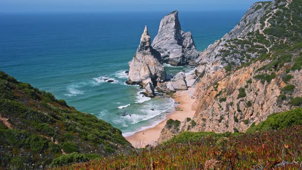  Scenic View of Praia Da Ursa Beach in Sintra, Portugal. Foliage Plants in Foreground