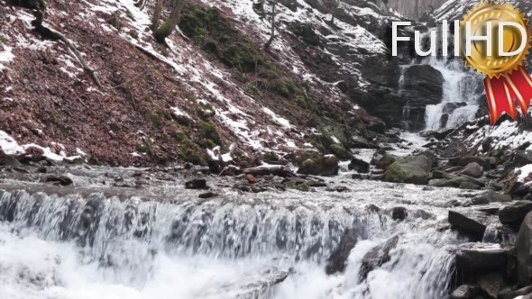 Fast Flowing Water in a Waterfall During Winter