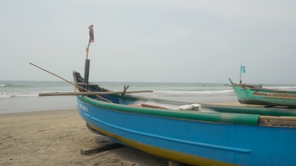 Old Blue Fisherman Boat On The Beach alt