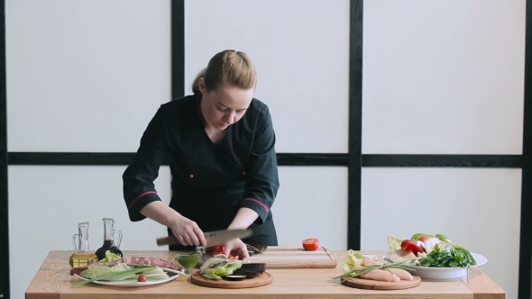 Chef Lays Out Vegetables On The Board For Grilling