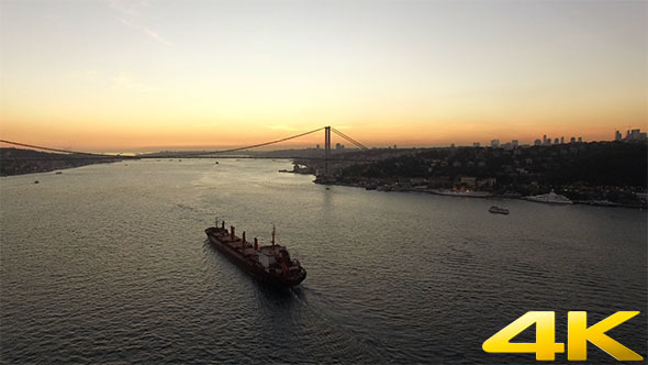 Cargo Ship And Istanbul Bosphorus Bridge